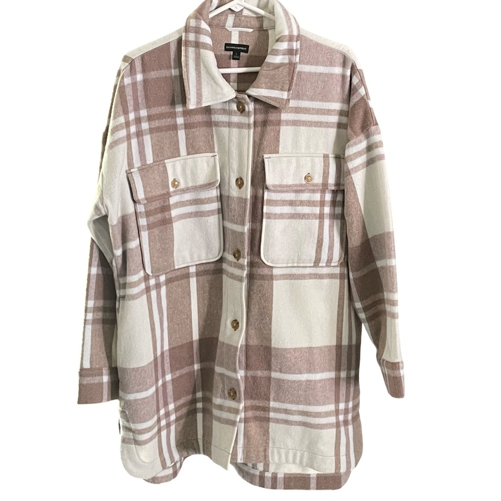 Banana Republic Flannel Shirt Shacket Plaid Tan White Women’s Large